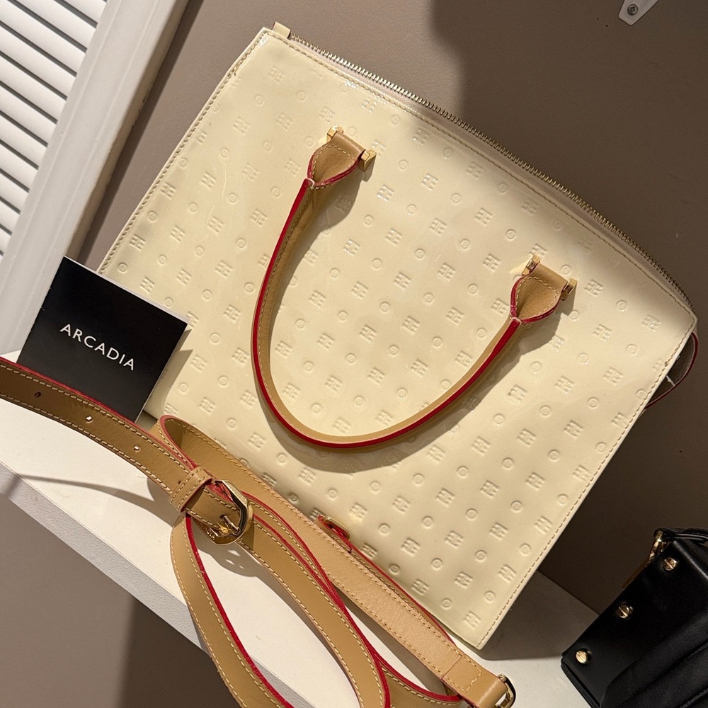 Arcadia Elegant Cream Patent Leather Italian Designer Handbag with Red Accents